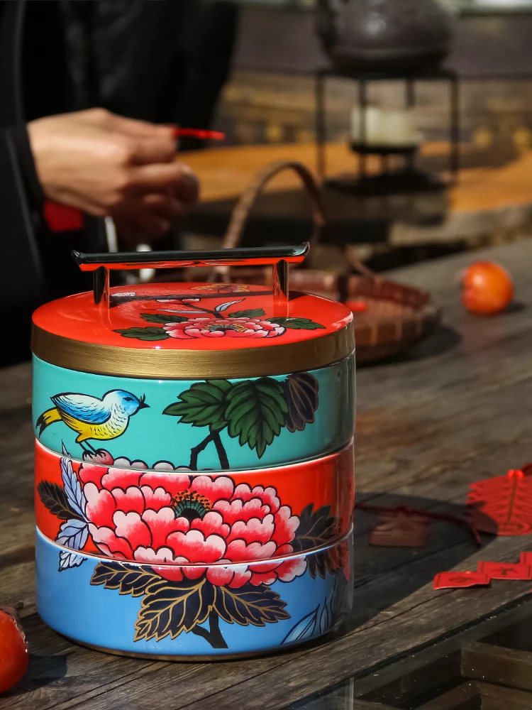 

Storage Box Three-Layer Ceramic Large Capacity with Metal Handle Color Chinese Dried Fruit Living Room Desktop Decoration Retro
