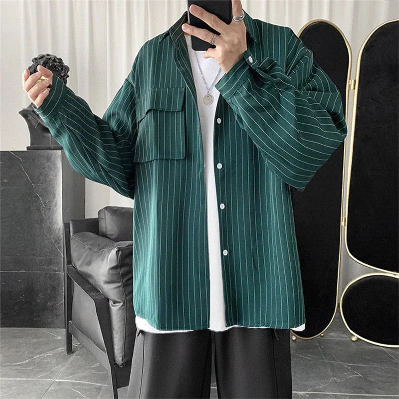Black Unisex Gothic Long Sleeve Shirt Autumn Top Striped Shirt Jacket Men's Ladies Hong Kong Style Japanese Casual Trend