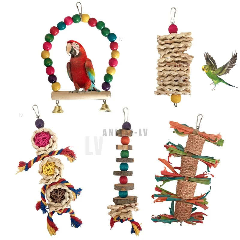

5Pcs Bird Cage Toys for Parrots Wood Birds Swing Reliable Chewable Bite Bridge Wooden Beads Shape Parrot Toy Bird Toys