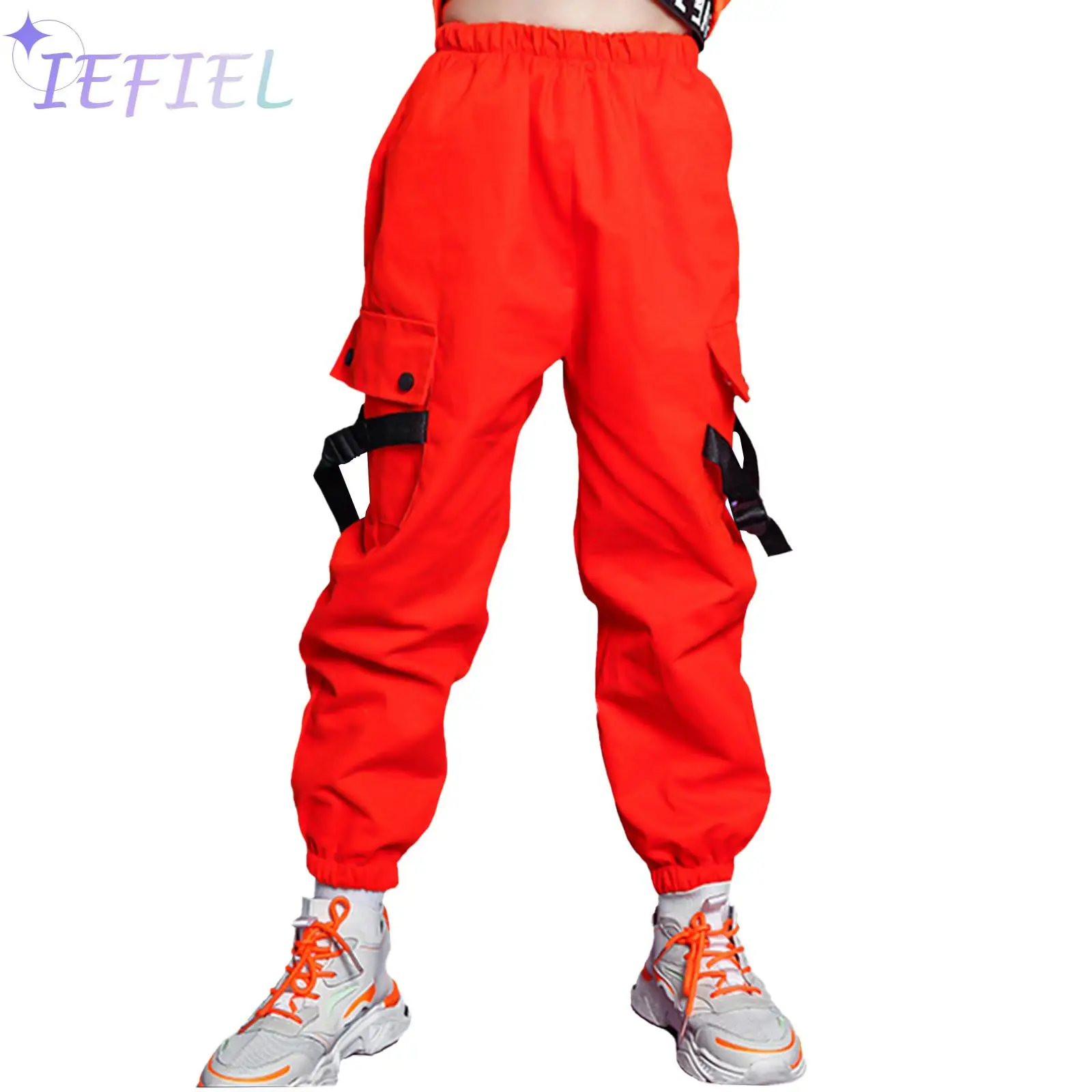

Kids Girls Stylish Street Jazz Dance Costume Elastic Waistband Straps Buckle Big Pockets Casual Long Pants