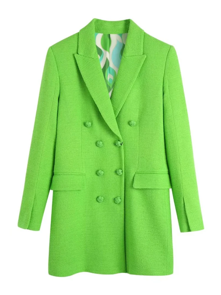 

XEASY Vintage Women Loose Blazer Dresses 2022 New Spring Solid Fashion Elegant Female V Neck Long Sleeve Double Breasted Dress