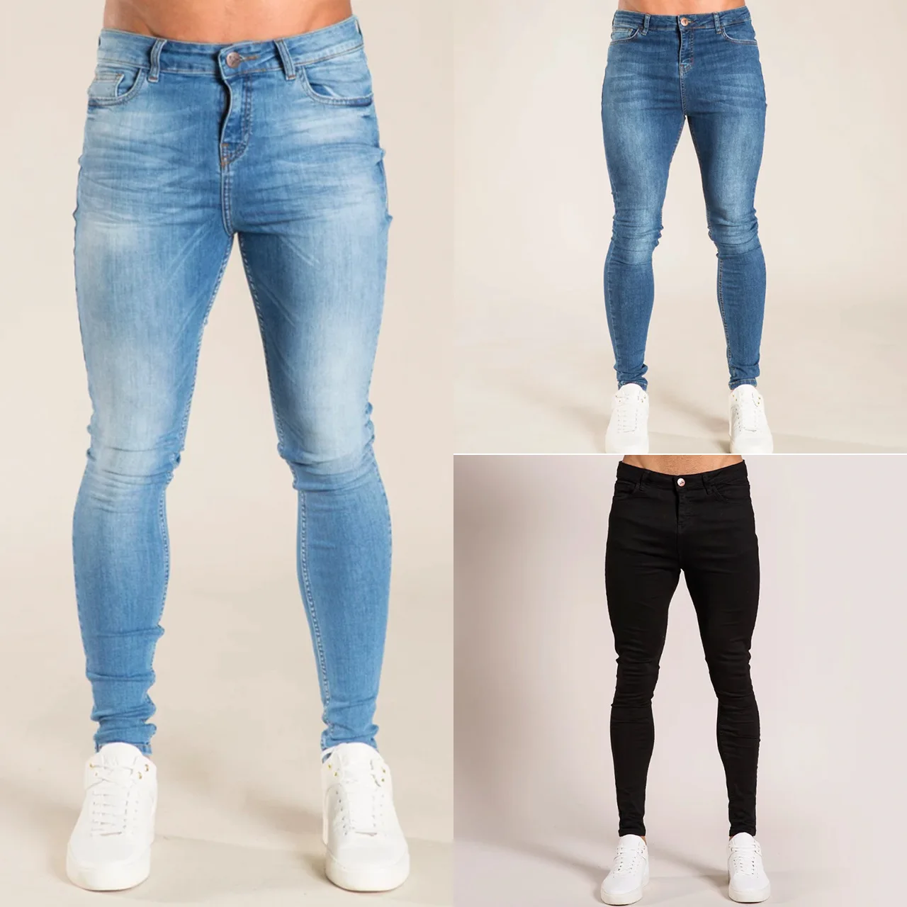 Brand Man Quality Elastic Waist Skinny Biker Jeans Men Streetwear Hip Hop Slim Fit Denim Pants Male Clothing Black Light Blue