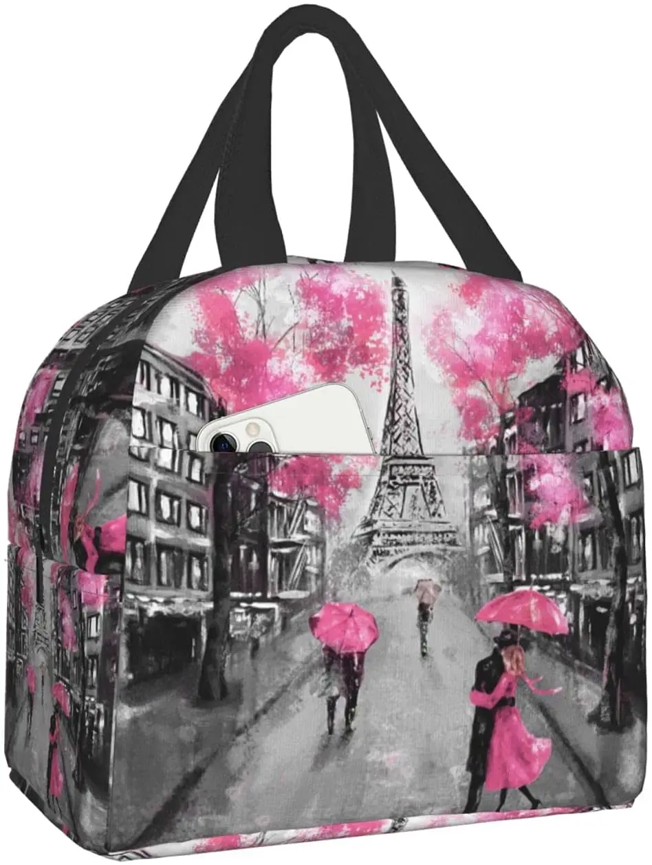 

Paris Street Eiffel Tower Pink Floral Lunch Bags for Women Boy Girl Reusable Insulated Lunch Box Suitable Travel Work Beach