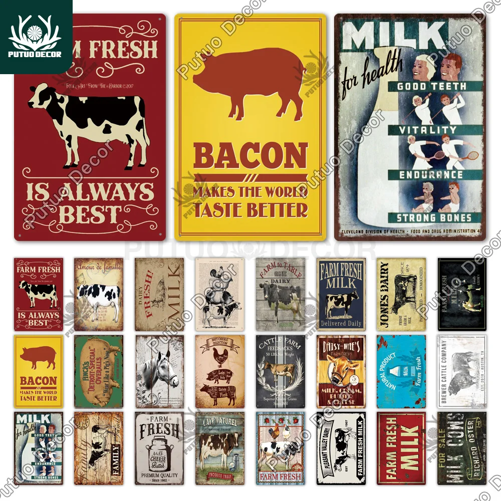 

Putuo Decor Farm Tin Sign Milk Vintage Tin Sign Plaque Metal Plate Retro Poster for Farmhouse Cow Pig Wall Stickers Art Decor