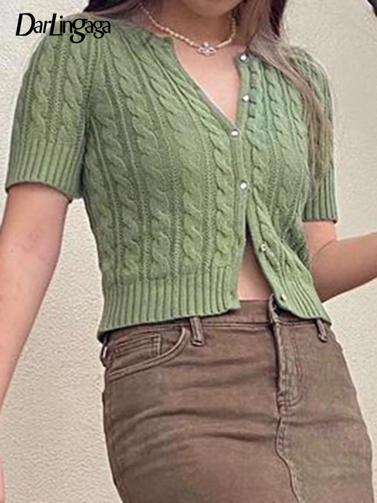 

Darlingaga Harajuku Green Knitted Sweater Cardigan Summer Female T-shirt Buttons Up Slim Solid Crop Tops Korean Cute Preppy Tees