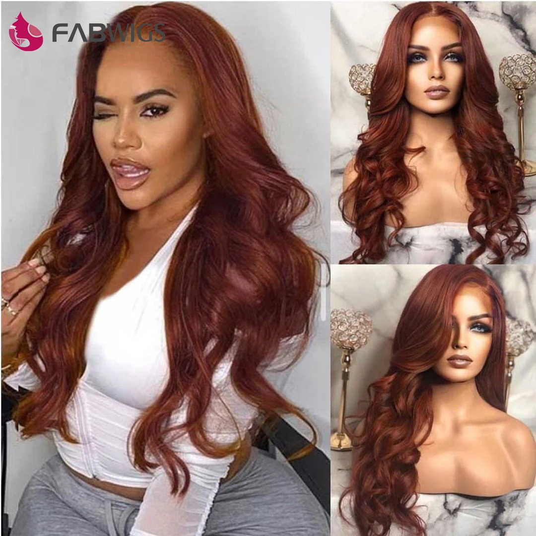

Fabwigs Auburn, парик из коричневых человеческих волос, волнистый парик на шнуровке спереди, парики темно-коричневого цвета, предварительно выщипанные волосы, линия с детскими волосами