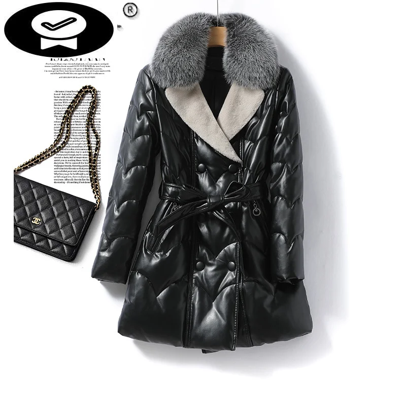 

Genuine 2023 Leather Winter Jacket Women's Sheepskin Coat Real Fox Fur Collar White Duck Down Coats Manteau Femme Gxy1281