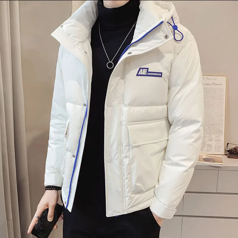 Winter Hooded White Duck Down Jacket For Men Fashion Bright Handsome Big Pocket Down Coat Male Solid Color Thickened Warm Jacket