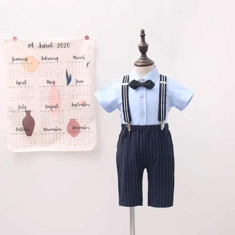 

Children's Summer Boys Catwalk Performance Costumes Shirt Suspender Shorts Suit Birthday Dress with Bow Tie Strap Free Shipping