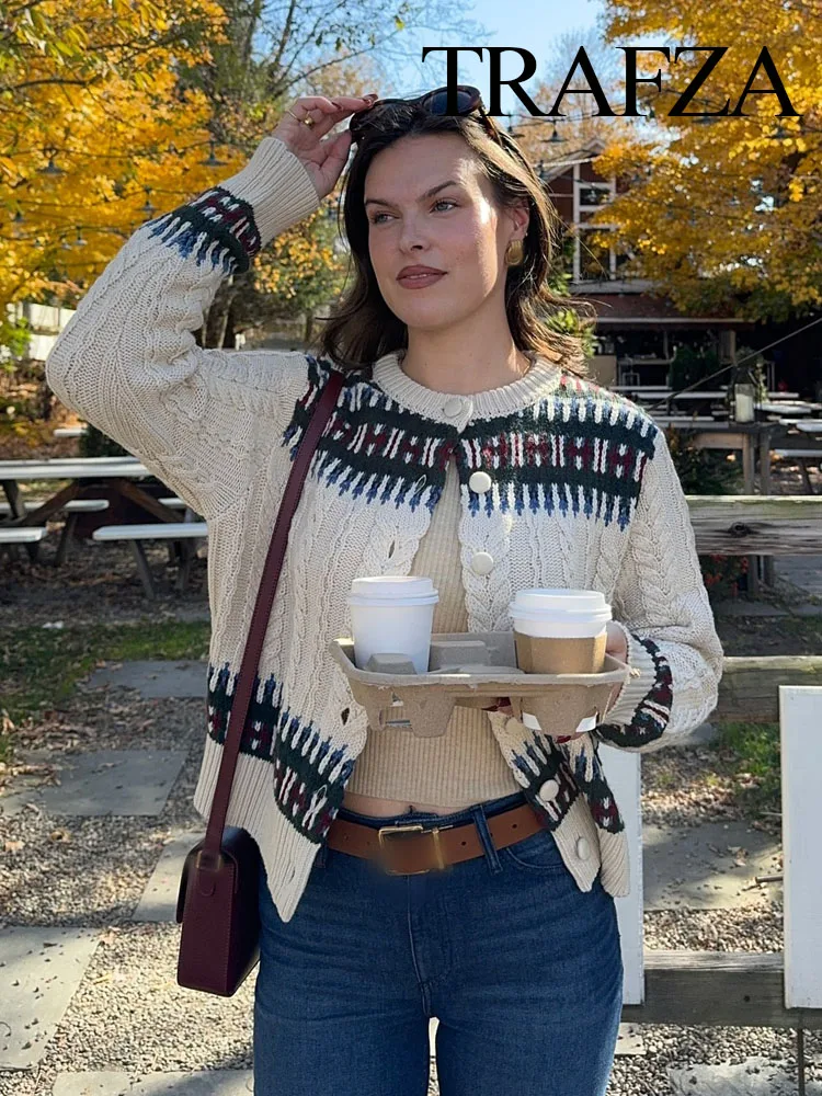 TRAFZA Осенняя женская элегантная жаккардовая лоскутная вязаная куртка с длинными