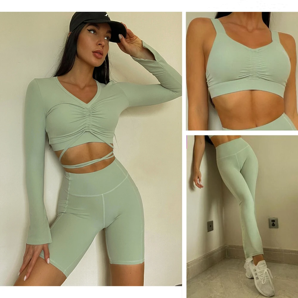 

Комплект женской спортивной одежды из 4 предметов, бюстгальтер для йоги, Топ с длинным рукавом, бесшовные шорты, штаны с высокой талией, одеж...