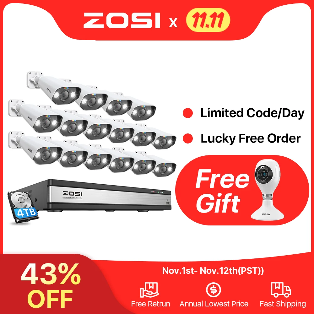 Купить ZOSI 8MP H.265 + 16CH система безопасности камеры 4K PoE NVR набор IP66 Ip-камера Цвет ночного видения Cctv система видеонаблюдения комплект