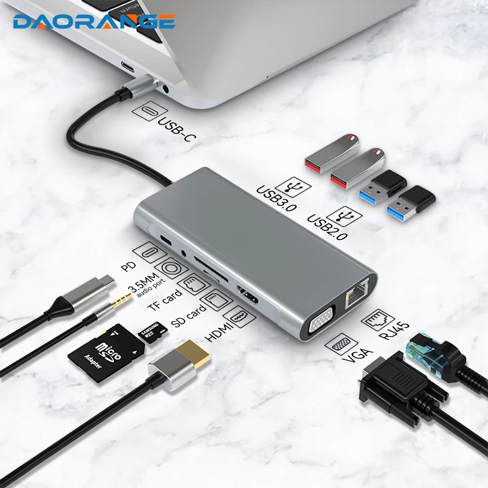 

11 in 1 USB C 3.0 Hub Type C Laptop Adapter to 4K HDMI-Compatible VGA RJ45 Lan Ethernet SD/TF Card 87W PD Dock Station Splitter