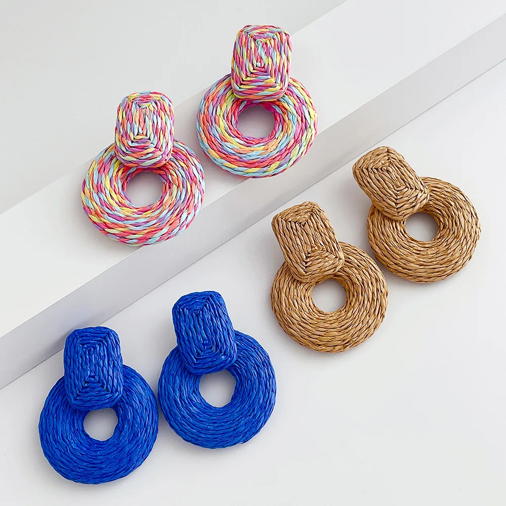 

Retro Handmade Rattan Large Drop Earrings Women's Natural Log Braided Bohemian Wicker Straw Vintage Geometric New Jewelry Gifts