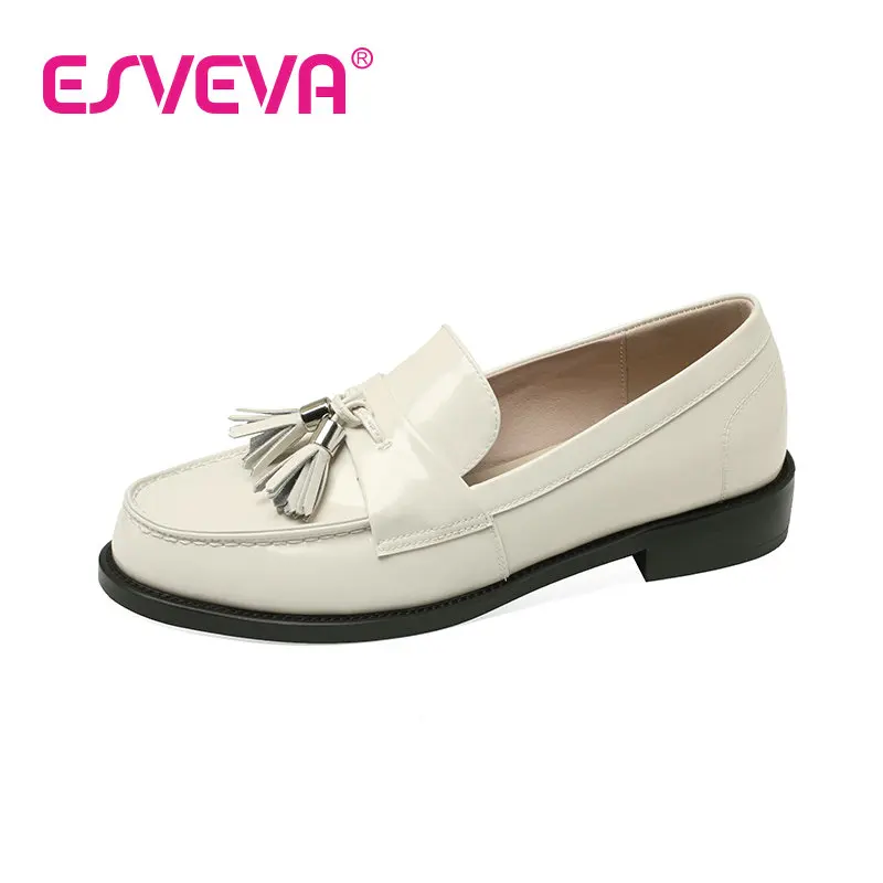 

ESVEVA 2023 Med Heel Cow Leather Women Pumps Classic Spring Metal Decoration Slip On Office Round Toe Shoes Woman 34-39