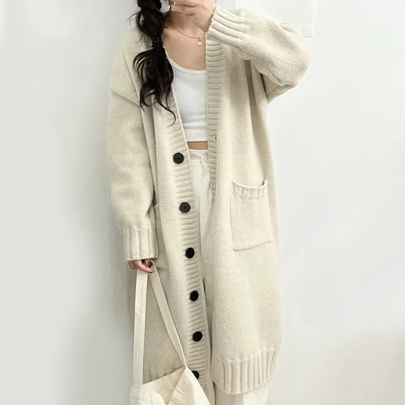 

New lazy wind pocket design in autumn and winter knitted wool cardigan women's long sweater