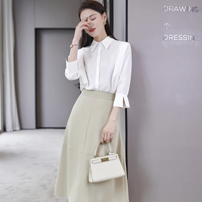 

Fashion Women Blouses & Shirts Ladies White Two Piece Skirt and Top Sets Half Sleeve Work Clothes