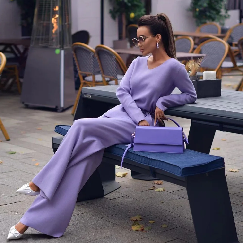 

Женский брючный костюм из двух предметов, повседневный трикотажный свитер с V-образным вырезом, новый элегантный женский свитер с поясом и брюки с широкими штанинами