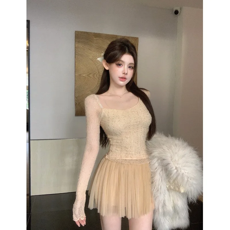 Pure Desire Sexy off-the-Shoulder Slightly Transparent Lace Top Women Autumn and Winter New Sweet Puffy Short dress Skirt Pan...