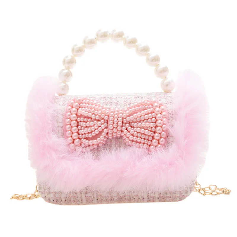 2023 Autumn Winter Girls Princess Crossbody Bag Cute Kids Fur Tote Hand Bags Child Baby Coin Pouch Party Clutch Purse images - 6