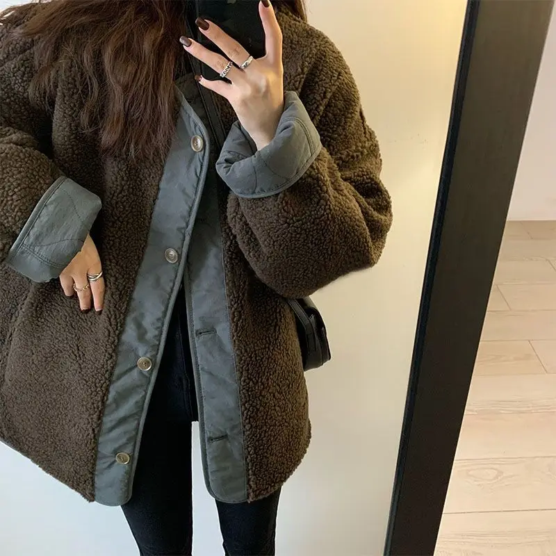 O-neck Stitching Lamb Wool Cotton Coat Women Autumn Winter Cotton Coat Coat Fashion Reversible Casual Top