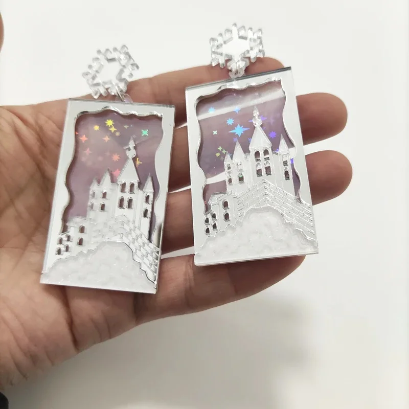 

KUGUYS Cute Iridescence Star Fairy Castle Drop Earrings for Women Acrylic Mirror Silver Color Rectangular Jewelry Accessories
