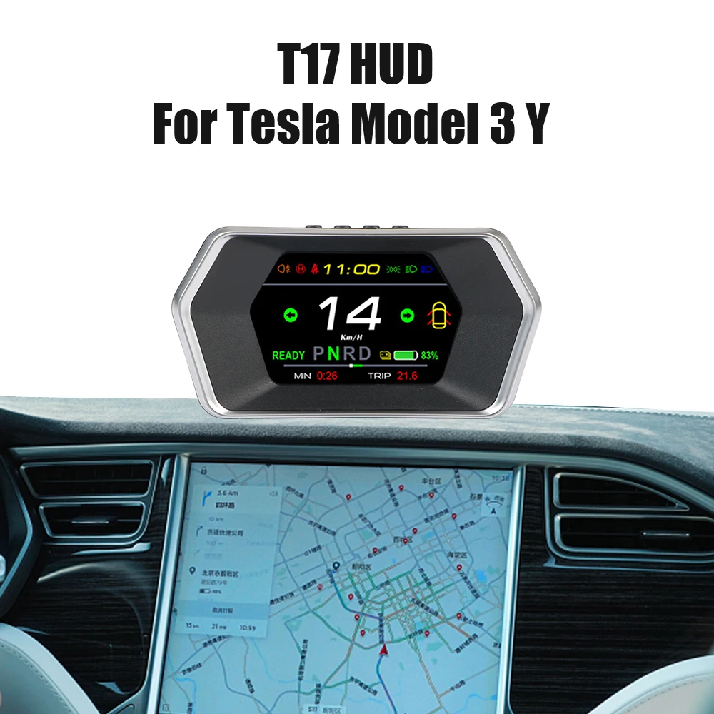 

For Tesla Model 3 Y Head Up Display Car Smart HUD Gauge Speed Indicator T17 Light Prompt Safety Alarm Driving Time Speedometer