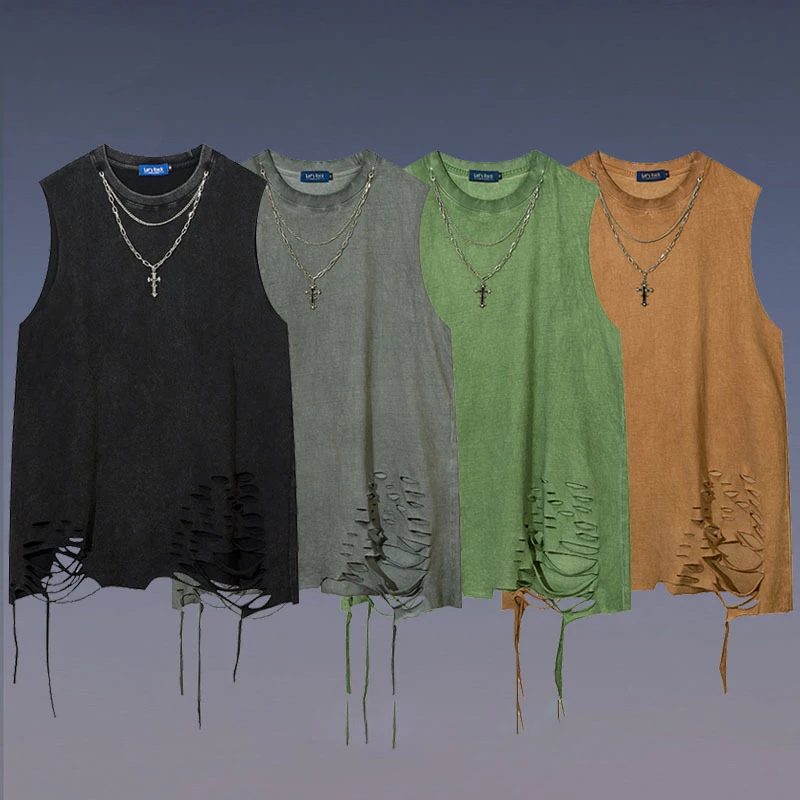 

Washed Vintage Tide Canvas Sleeveless Tank Top Men's T-Shirt with Torn Hem Overlay Bottom Shirt