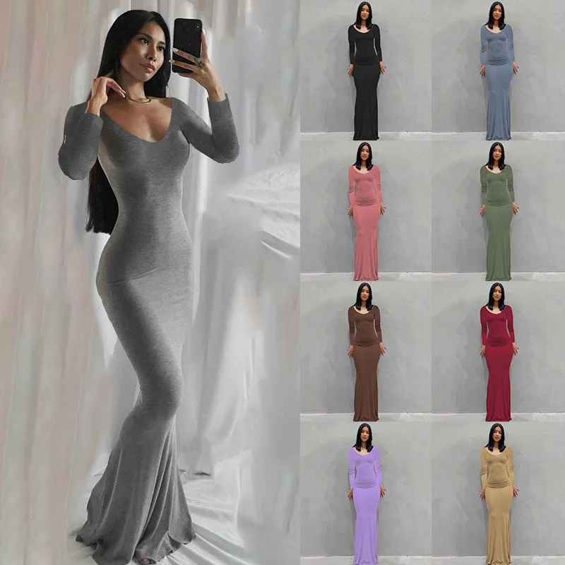 

2022 Women's Dress Long Slim Casual Slim Long Sleeve Home Dress