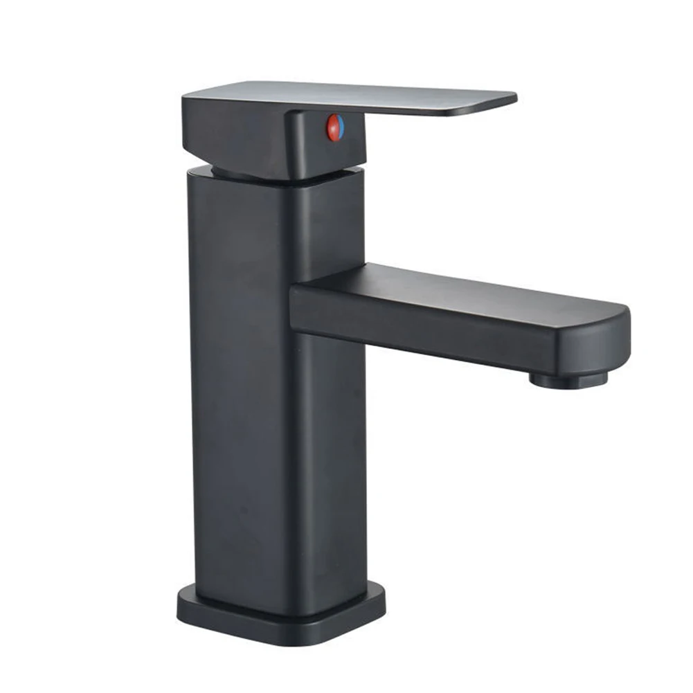 

Black Bathroom Faucet Hot Cold Water Sink Mixer Tap Stainless Steel Paint Square Basin Faucets Single Hole Tapware Deck-mounted