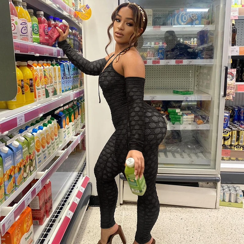 

Женский комбинезон с лямкой на шее, однотонный комбинезон для взрослых с открытыми плечами, длинным рукавом и V-образным вырезом