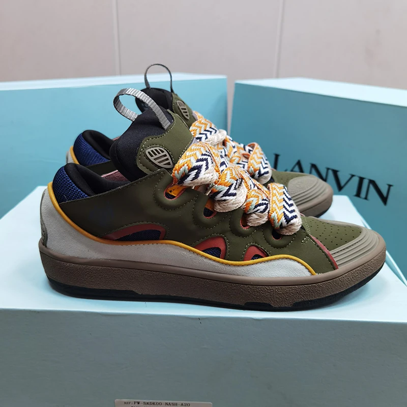 

2022 Women Cowhide Fabric Sports Shoes Flat Thick Sole Running Shoe Lace Up Mixed Color Patchwork Luxury Casual Shoe Hiking Shoe