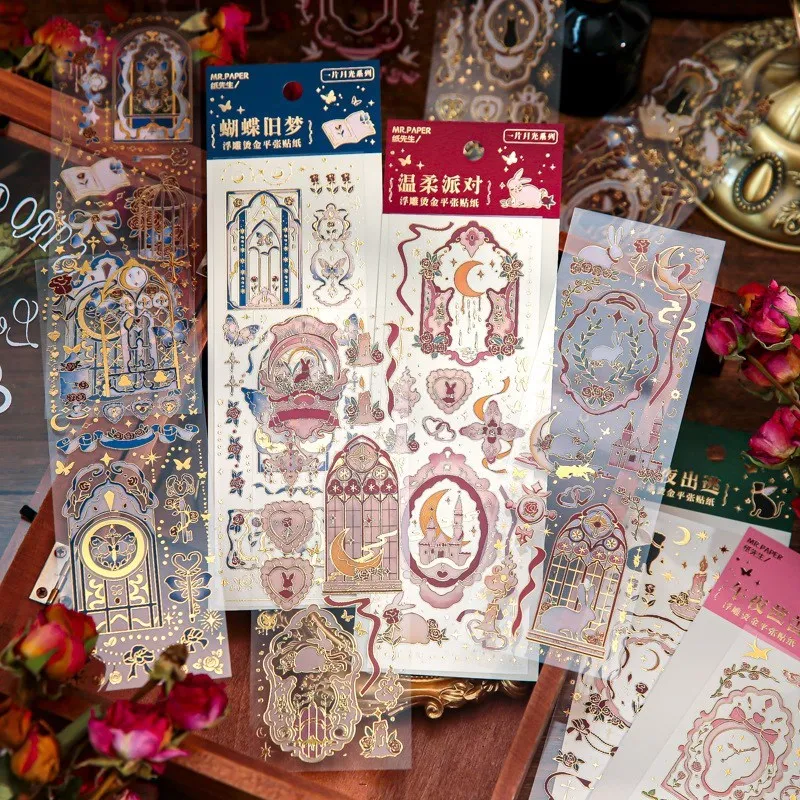 

3 Pcs vintage Gilding Craft Stickers PET Materials DIY Collage Junk Journal butterfly cat Decor Sticker Stationery