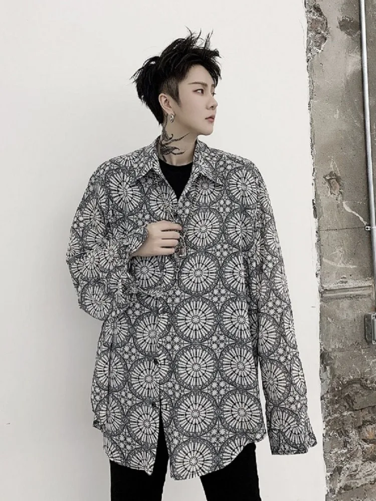 SYUHGFA 2022 Autumn Lapel Personality Vintage Print Long Sleeve Shirt For Men Korean Streetwear Loose Casual Shirts Men Clothing