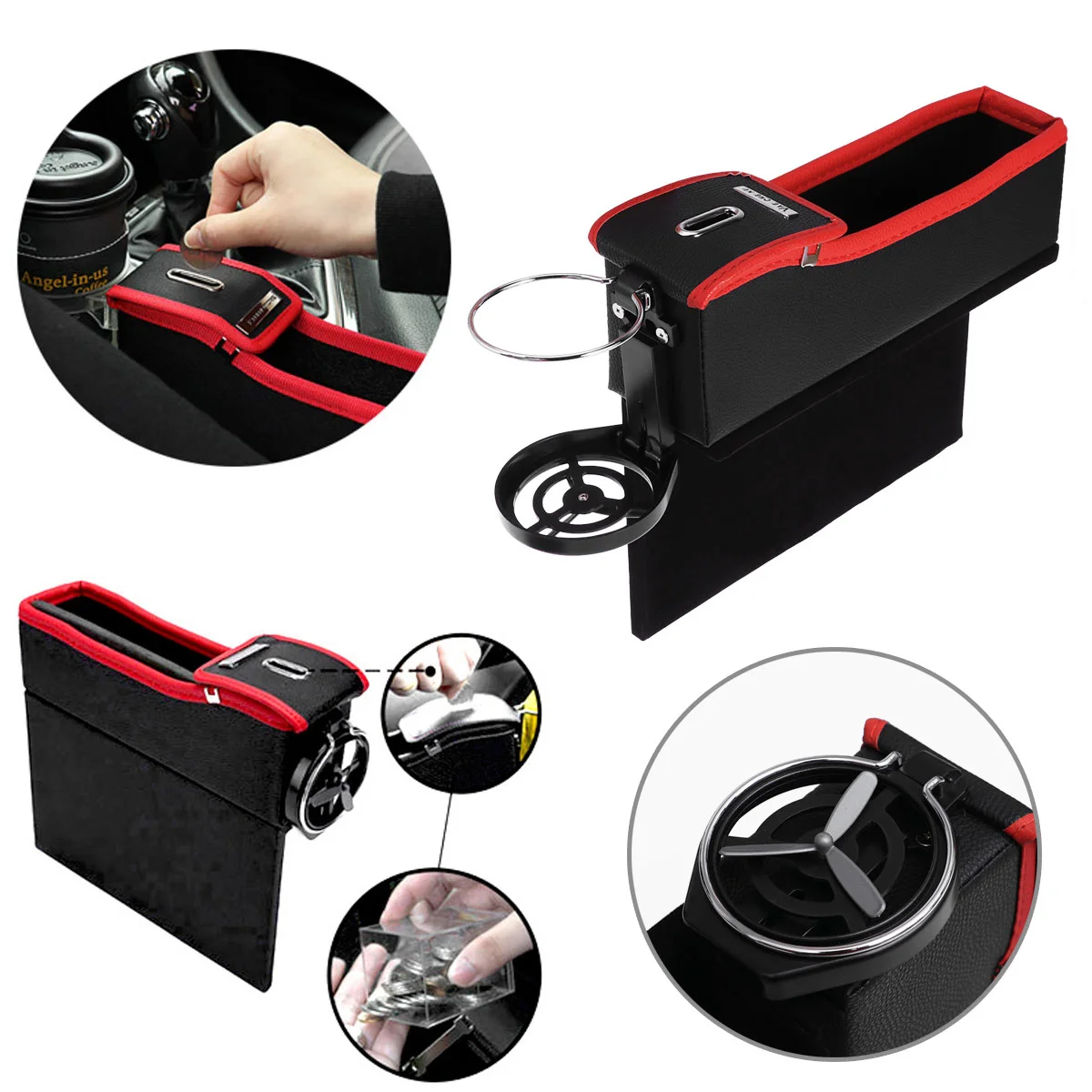 

Car Side Pocket Car Box Side Organizers Catcher Storage Case with Foldable Cup Holder for Wallet Key ( Black Red Left )