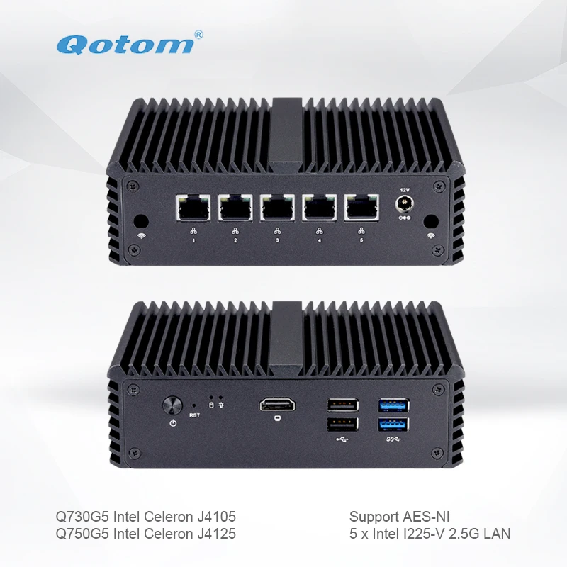 Qotom Mini PC Q700G5 Celeron Quad Core 5x I225-V 2.5G LAN Ports AES-NI Fanless Router Computer