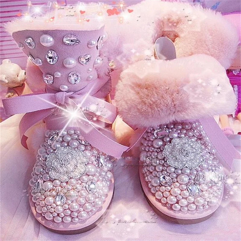 

Flower crystal handmade custom pearl gem snow boots flat bottom round pink medium tube large size women's boots 35-44