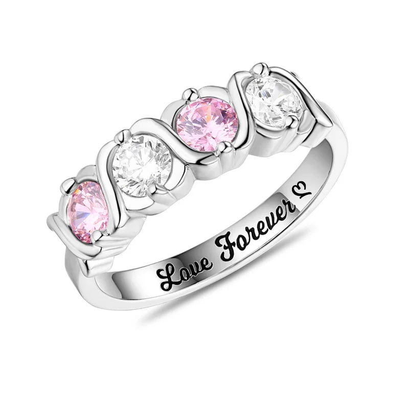 

Custom Letter Name 4 Birthstones Hugs and Kisses XoXo Ring Sterling Silver Personalized Engraving Rings for Women Wife