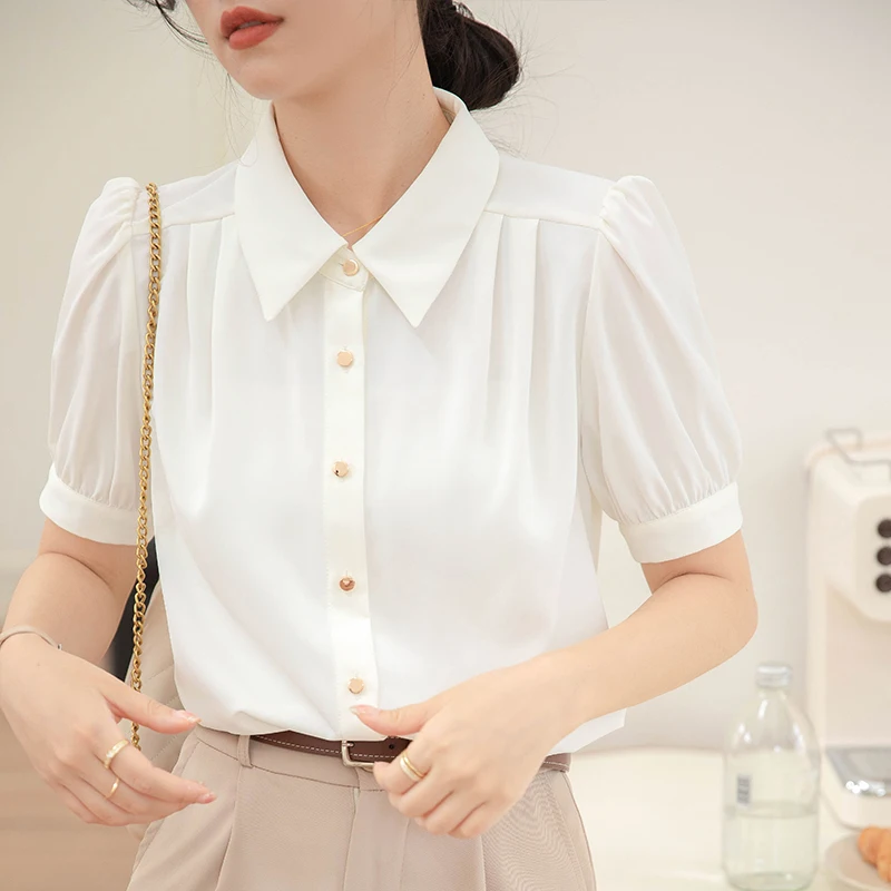 

Summer Women Short Sleeved Lapel French Bubble Sleeved Solid Color Professional Commuting Chiffon Shirt Blouse Tops Camisas C887