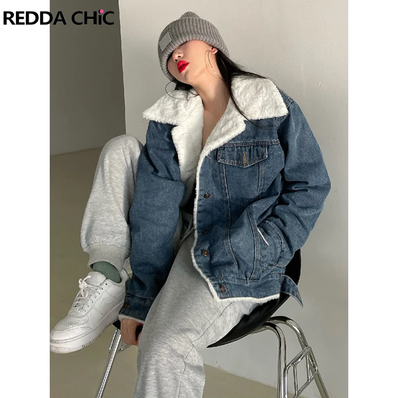 

ReddaChic Denim Puffer Jacket Super Hot Winter Coat for Women 2022 Bombers Sherpa Fleece Lined Cardigans Warm Clothes Female
