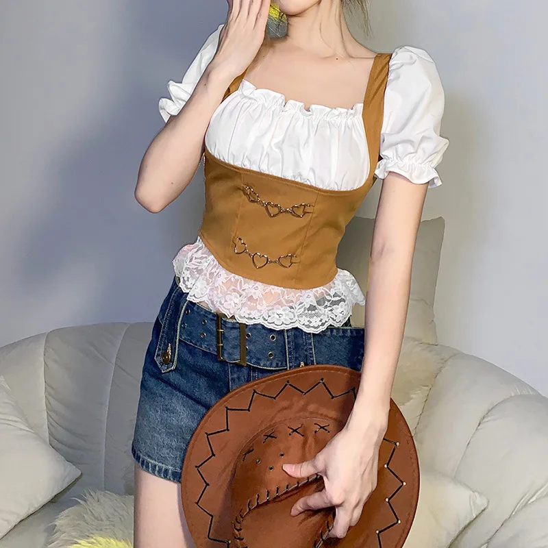 Кружевные лоскутные милые кроп-топы в английском стиле женские летние новые