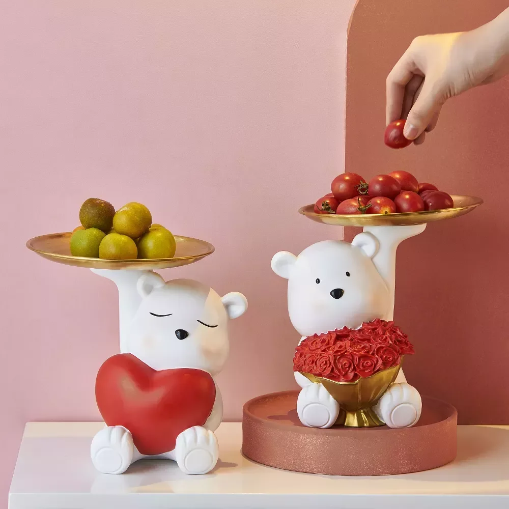 

Nordic White Bear Statue Storage Tray Love Heart Figurines Home Decoration Jewelry Storage Plate Glasses Tray Wedding Decor Gift