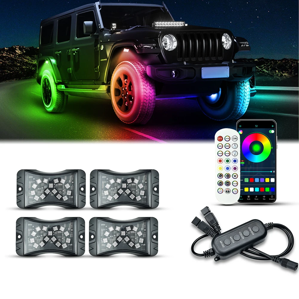 

4 In 1 RGB LED Rock Lights Bluetooth-Compatible APP Control Music Sync Car Chassis Light Undergolw Waterproof Neon Lights