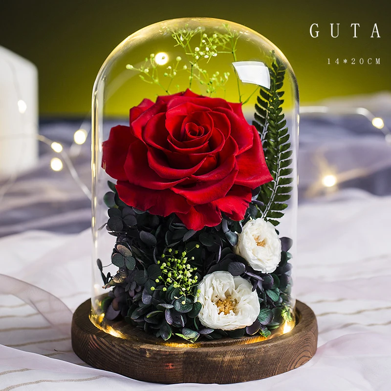

Real Dried Rose Flower Enchanted Rose With LED Lights In Glass Dome For Valentine's Day Thanksgiving Mother's Day Wedding Decor