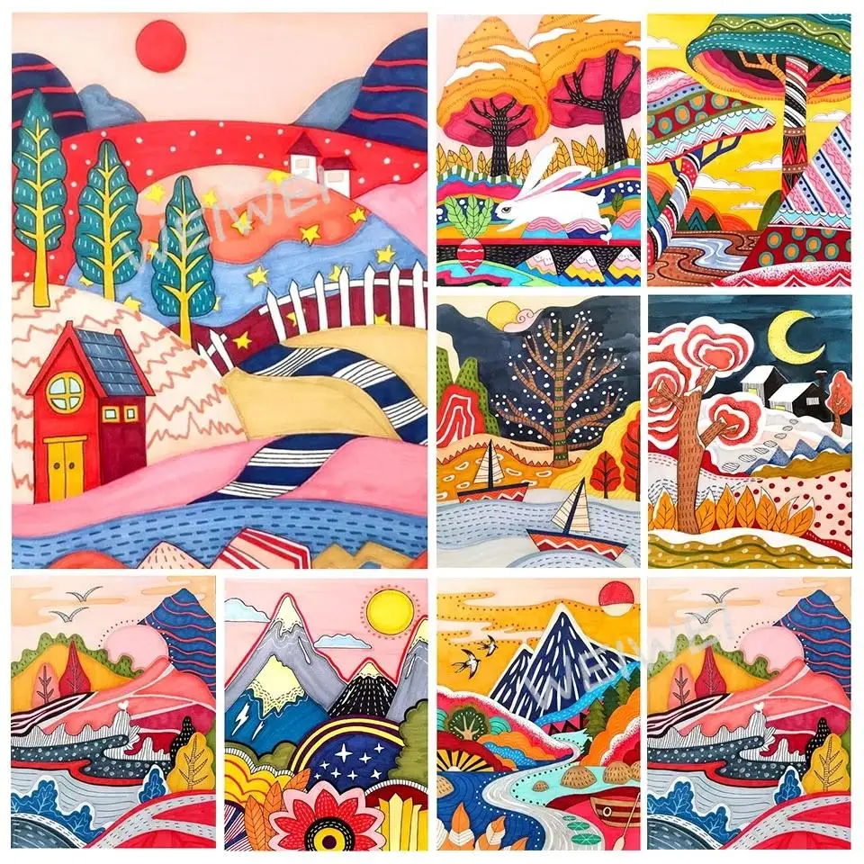 

Cartoon Cute Colored Landscape 5D Diy Diamond Painting Tree House Mountain Moon Mosaic Picture with Rhinestone Cross Stitch Kit