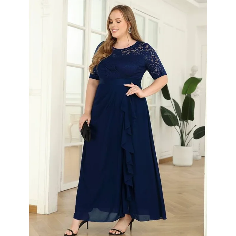 Plus Size Round Neck 4XL5XL Lace Royal Blue Chiffon Loose Elegant Evening Dress Banquet Prom Wedding Plus Size Dress