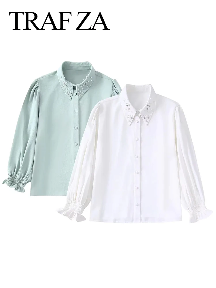 

TRAF ZA Fashion Neckline Lady Blouse with Rhinestone Pearls Casual Two Tone Elastic Cuffs Comfortable Long Puff Sleeve Blouse