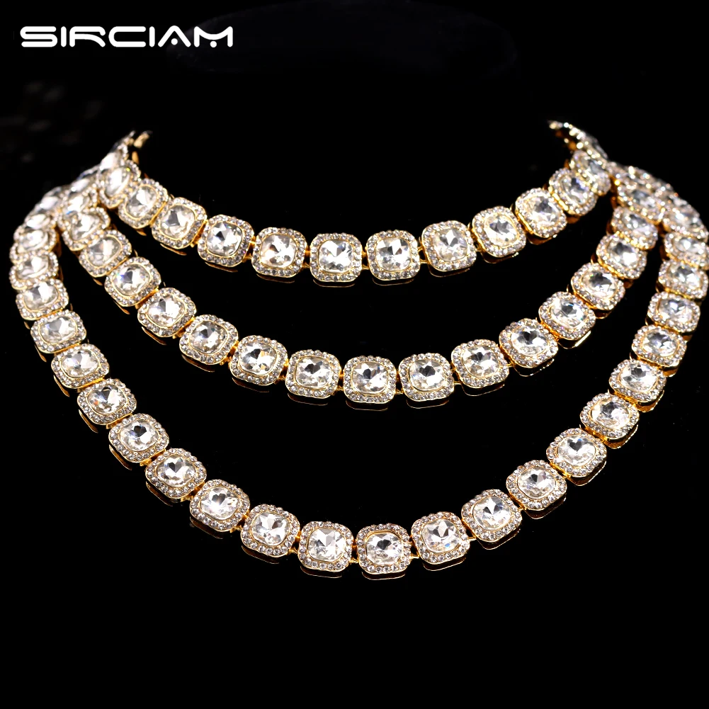 

Hip Hop Tennis Chain Square Cuban Link Chain Necklace For Men 13mm Bling Crystal Rhinestones Cuban Link Choker Bracelet Jewelry
