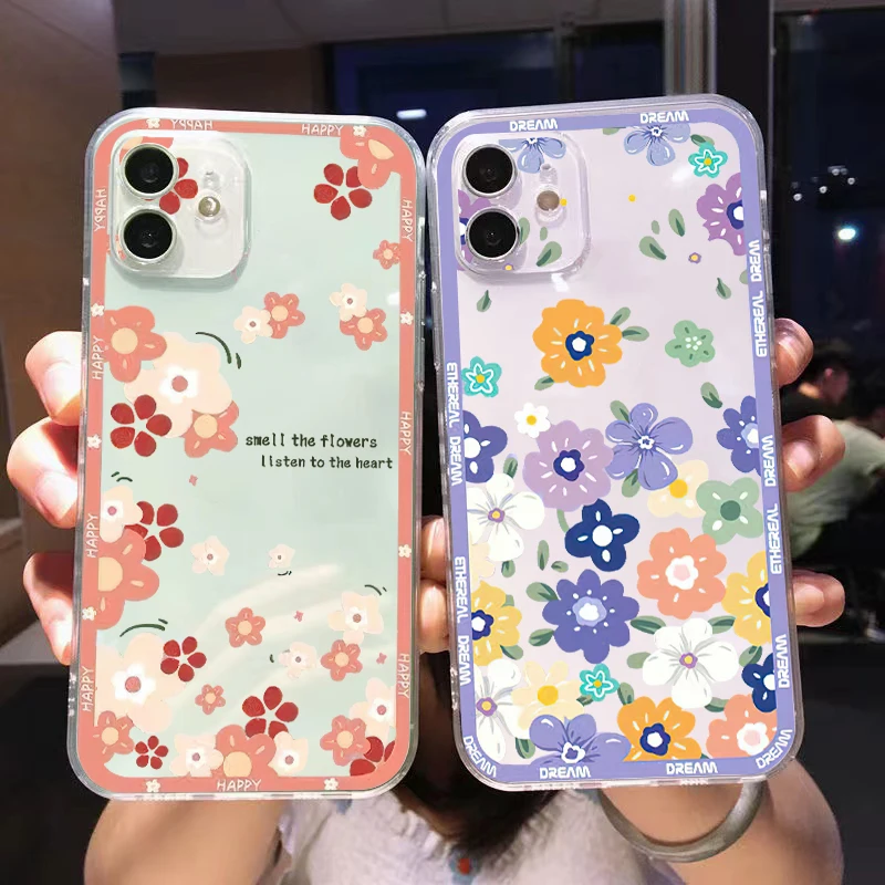 

Cute Pink Colored Flowers For Apple iPhone 13 12 11 Pro Mini X XR XS Max SE 6 6S 7 8 Plus Clear Phone Case Cover Funda