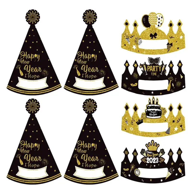 

Happy New Year Paper Hat | 4-pcs Headbands Paper Top | Black and Gold Tiara New Year's Eve Party Supplies Party Decorati